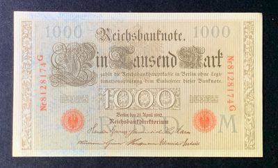 紫瑗钱币——第266期拍卖——纸币场 - 德国 1910年 德意志帝国 1000马克 红印 大票幅 UNC