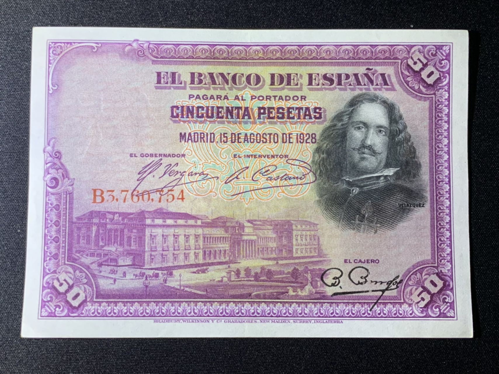 紫瑗钱币——第266期拍卖——纸币场 西班牙 1928年 油画《布雷达的献城》50比塞塔 AUNC