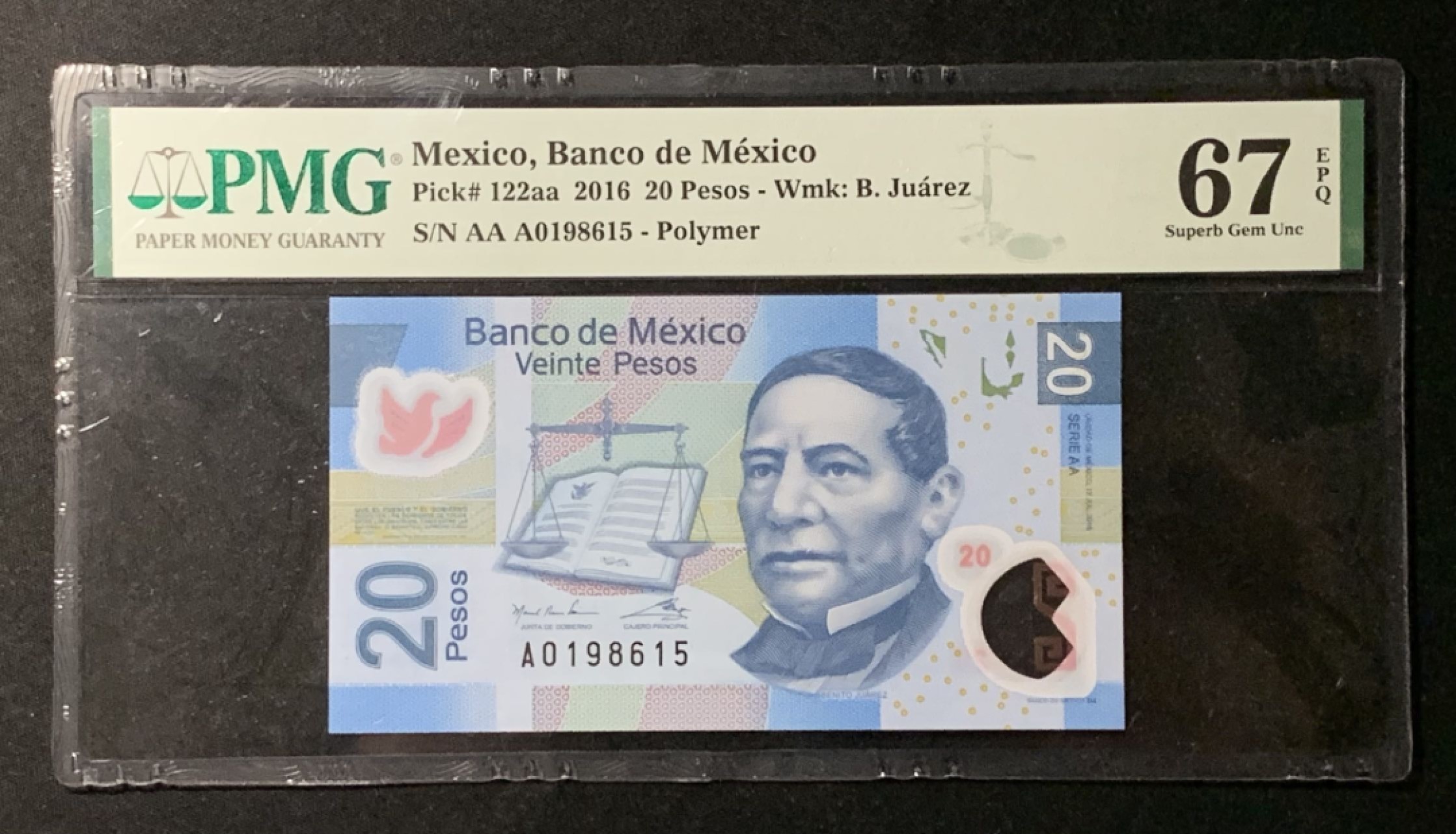 紫瑗钱币——第266期拍卖——纸币场 墨西哥 2016年 AA 20比索 PMG 67 EPQ （P-122aa）