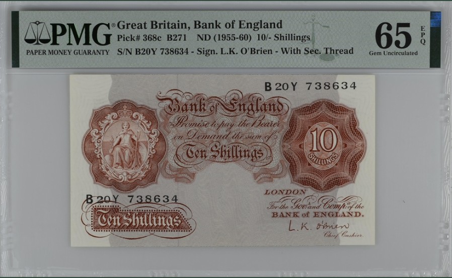 收藏联盟Quantum Auction 第256期拍卖  英国1955-60年10先令 PMG65