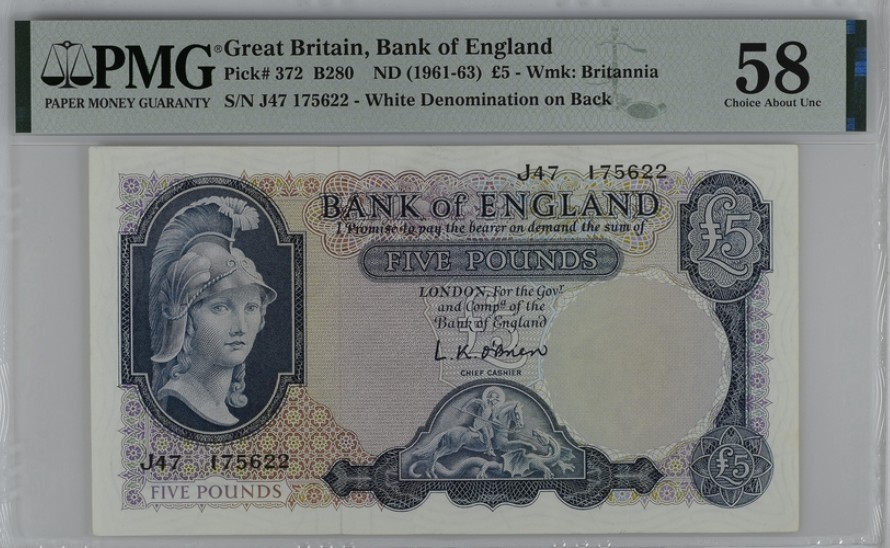 收藏联盟Quantum Auction 第256期拍卖  英国1961-63年5镑 PMG58 帝国女神