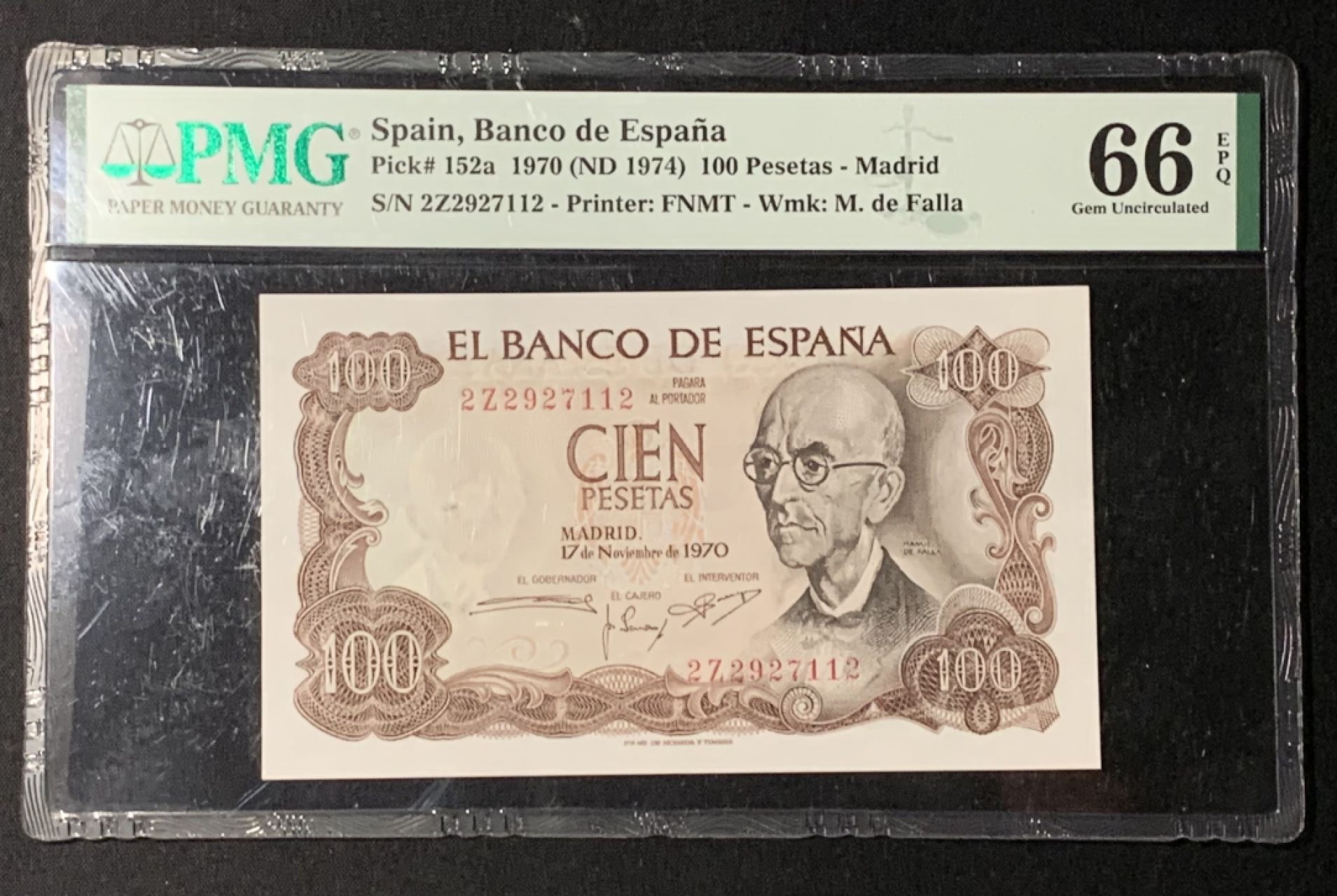 紫瑗钱币——第266期拍卖——纸币场 西班牙 1970（1974）年 100比塞塔 PMG 66 EPQ （P-152a）