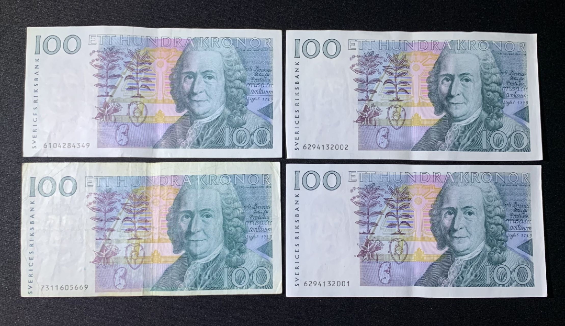 紫瑗钱币——第266期拍卖——纸币场 瑞典 1986年 林奈 100克朗 流通品 4张一起