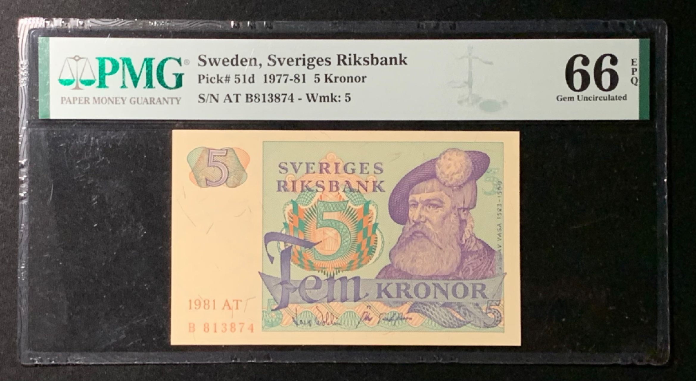 紫瑗钱币——第266期拍卖——纸币场 瑞典 1981年 瑞典银行 5克朗 PMG 66 EPQ （P-51d）