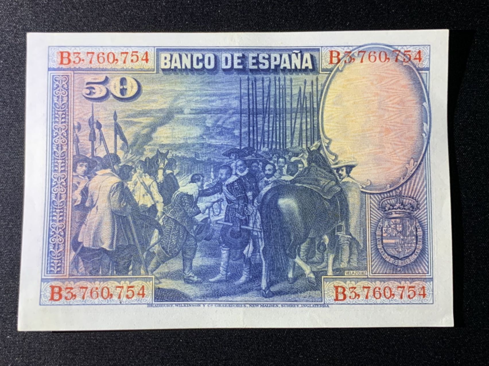 紫瑗钱币——第266期拍卖——纸币场 西班牙 1928年 油画《布雷达的献城》50比塞塔 AUNC