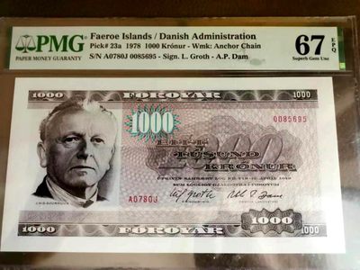 【Blue Auction】✨世界纸币精拍第320期【精】 - 【a版A0冠 唯一冠军分少见】法罗群岛 1978年1000克朗 PMG67EPQ 高分 精美