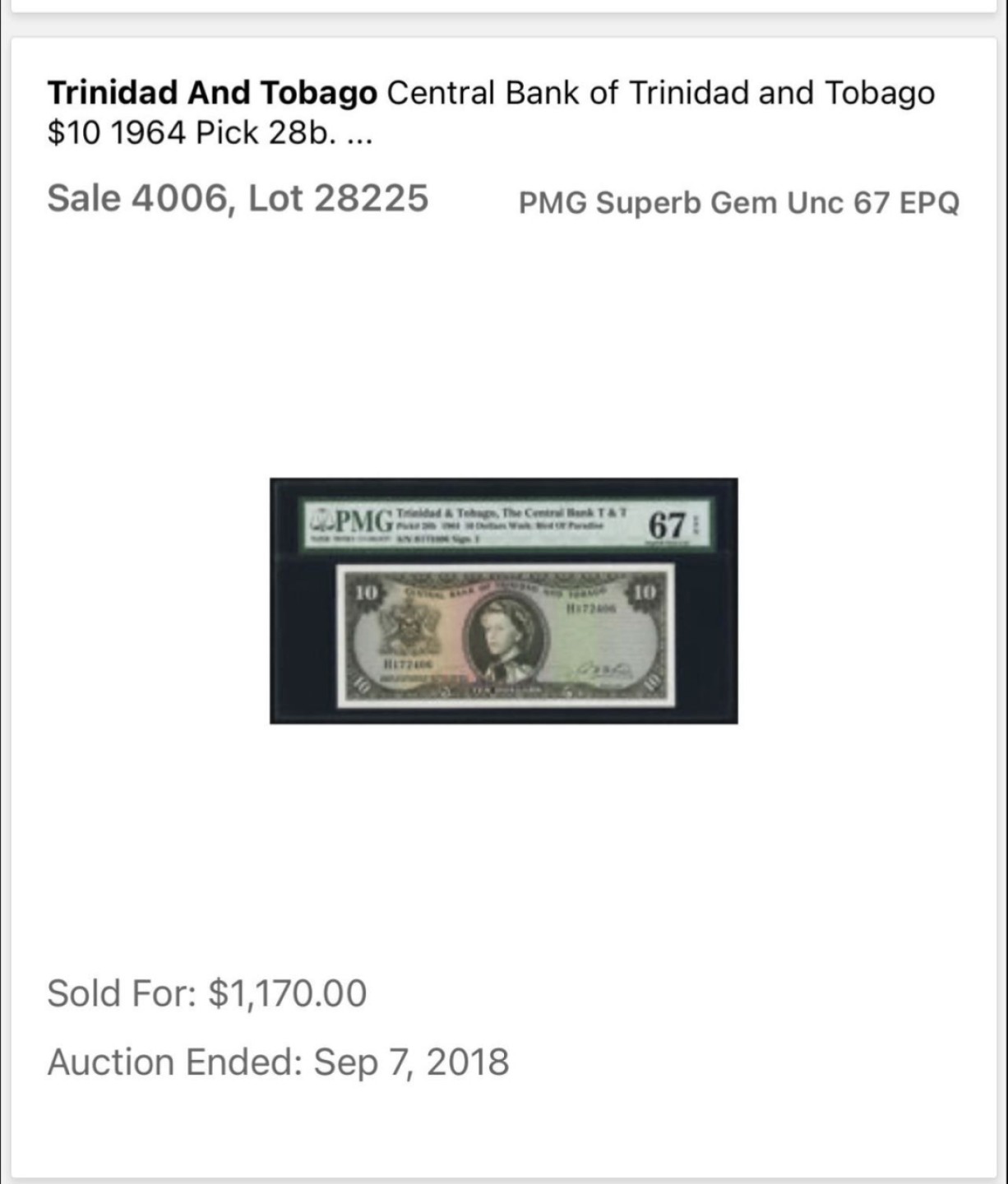 收藏联盟Quantum Auction 第255期拍卖  特立尼达岛多巴哥1964年10元 PMG67 次高面值 戎装女王 冠军分 逐年上涨品种