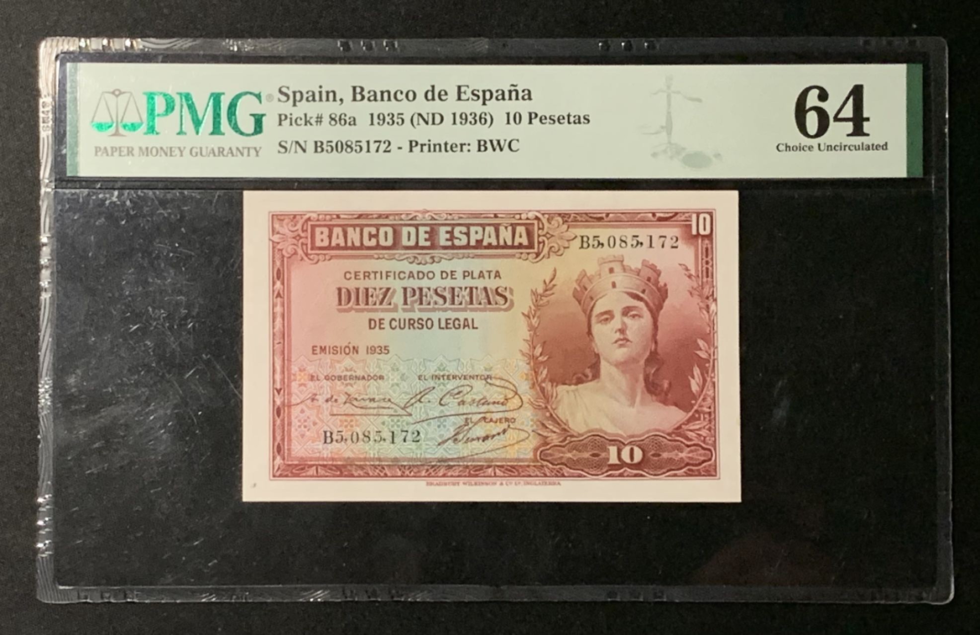 紫瑗钱币——第266期拍卖——纸币场 西班牙 1935年 妇女 10比塞塔 PMG 64 (P-86a)