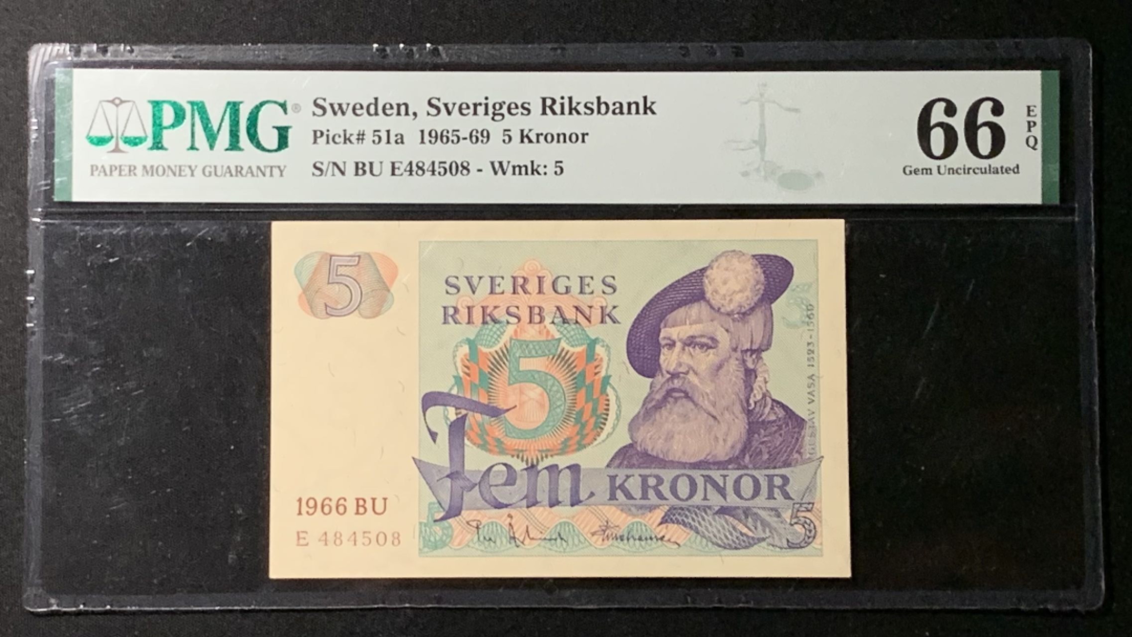 紫瑗钱币——第266期拍卖——纸币场 瑞典 1966年 瑞典银行 5克朗 PMG 66 EPQ （P-51a）