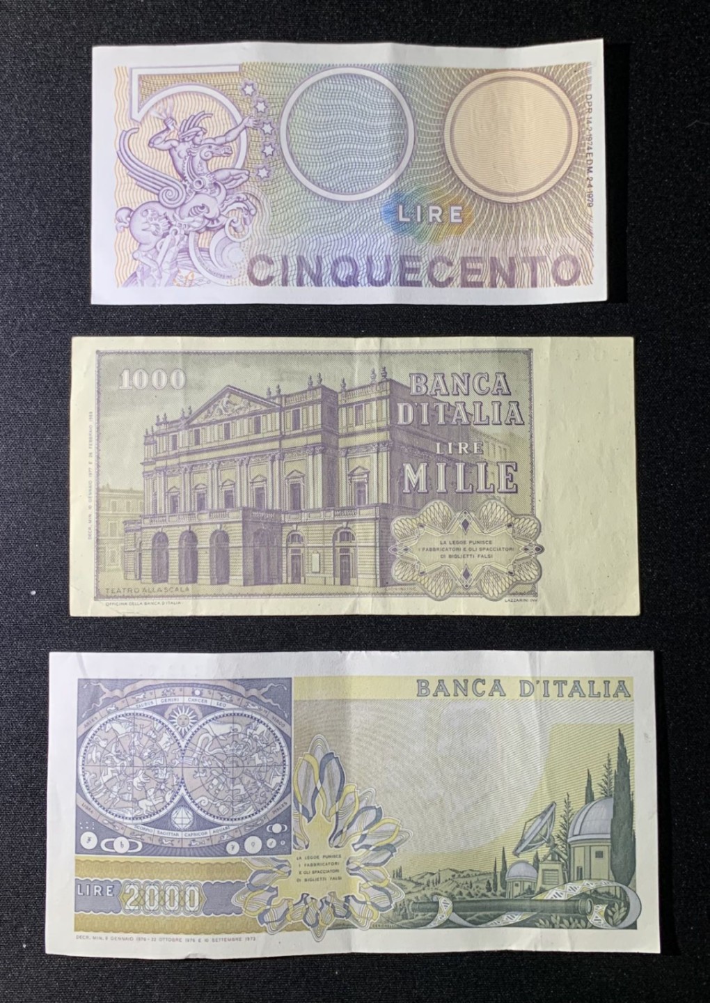 紫瑗钱币——第266期拍卖——纸币场 意大利 70年代 500 1000 2000里拉 流通品