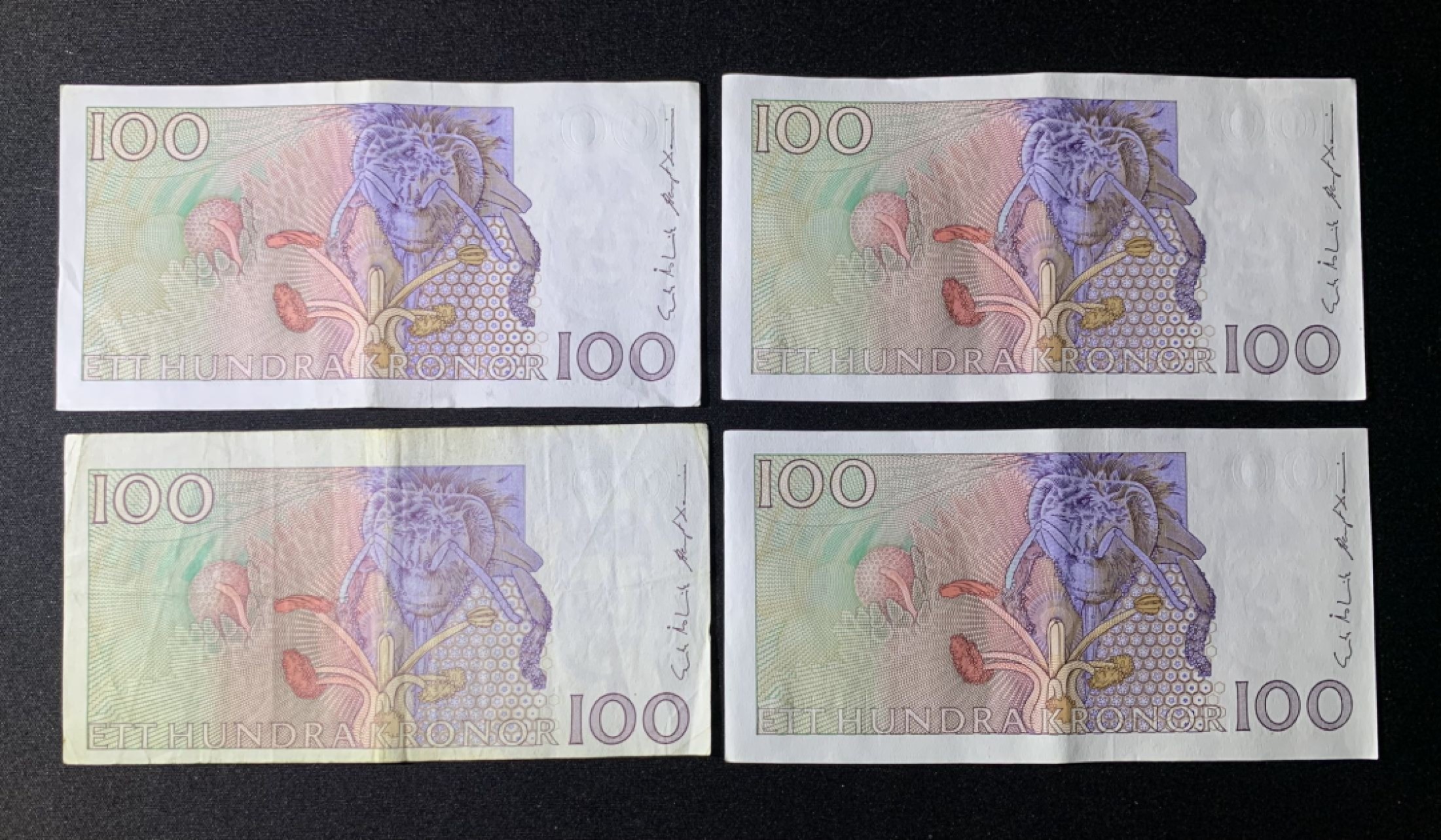 紫瑗钱币——第266期拍卖——纸币场 瑞典 1986年 林奈 100克朗 流通品 4张一起