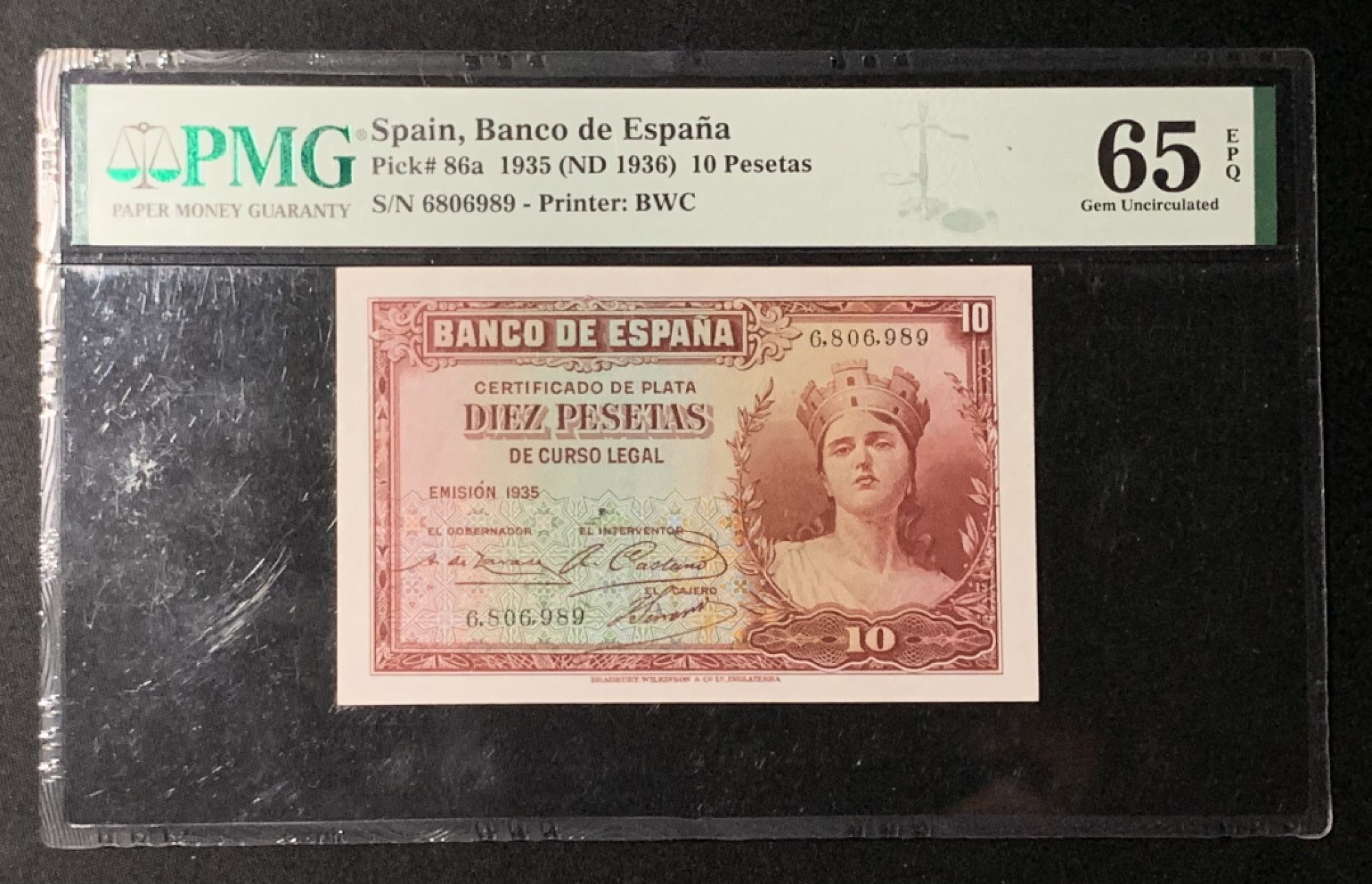 紫瑗钱币——第266期拍卖——纸币场 西班牙 1935年 妇女 10比塞塔 PMG 65 EPQ (P-86a)