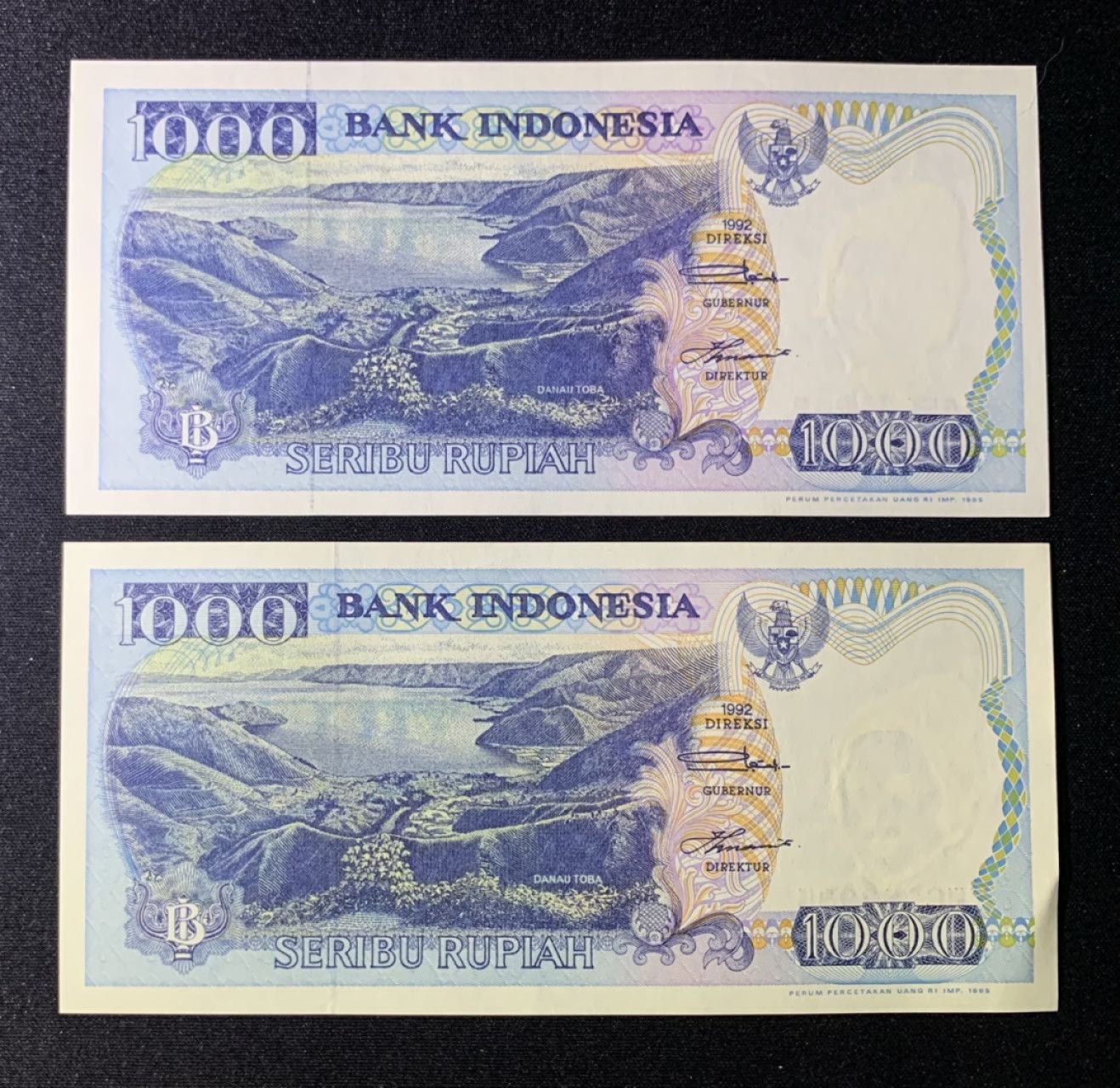 紫瑗钱币——第266期拍卖——纸币场 印度尼西亚 1992年 多巴湖 1000卢比 2枚一组 UNC P-129