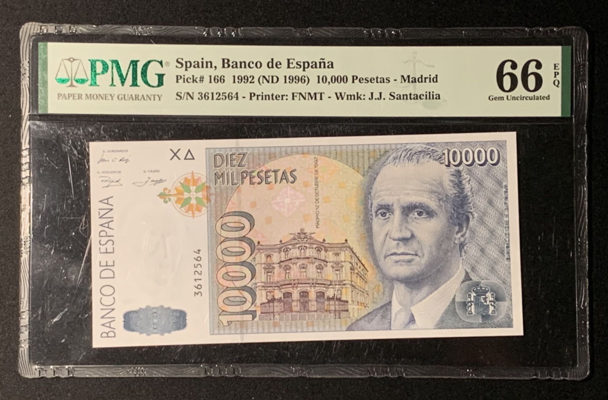 紫瑗钱币——第266期拍卖——纸币场 西班牙 1992（1996）年 10000比塞塔 PMG 66 EPQ （P-166）