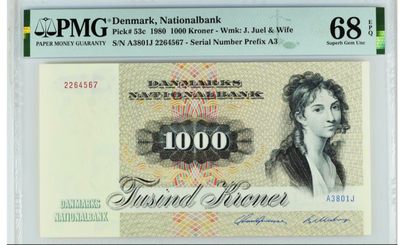 【Blue Auction】✨世界纸币精拍第320期【精】 - 【较少见年份 4567顺子尾】丹麦 1980年1000克朗 PMG68EPQ 顶级高分大松鼠