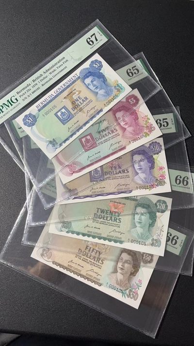 【Blue Auction】✨世界纸币精拍第320期【精】 - 【一组5张 A1冠全同105小号】百慕大 1970年1-50元 PMG67EPQ-65EPQ 高冠女王 精美 