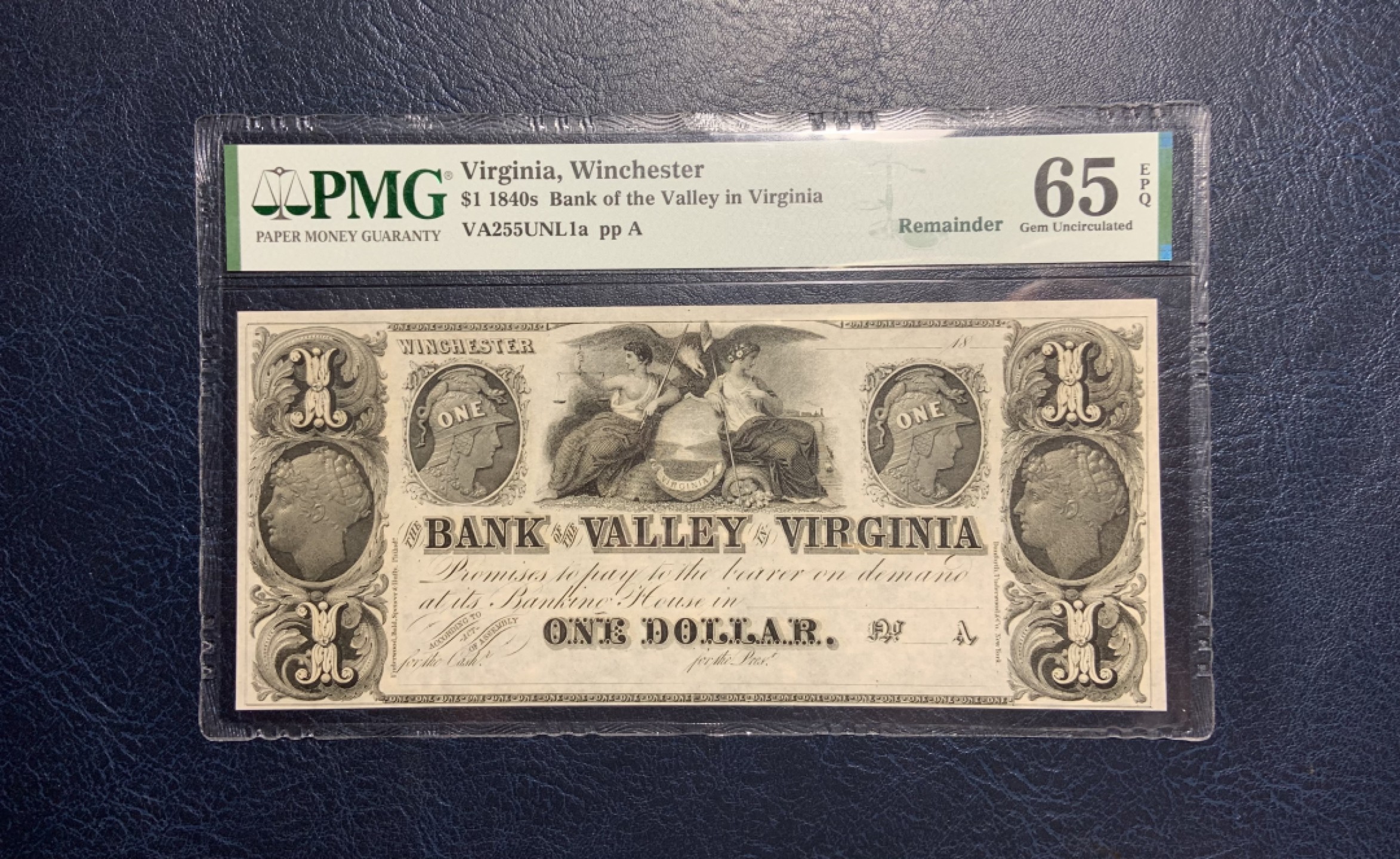 收藏联盟Quantum Auction 第256期拍卖  美国弗吉尼亚温切斯特1840年1元 PMG65