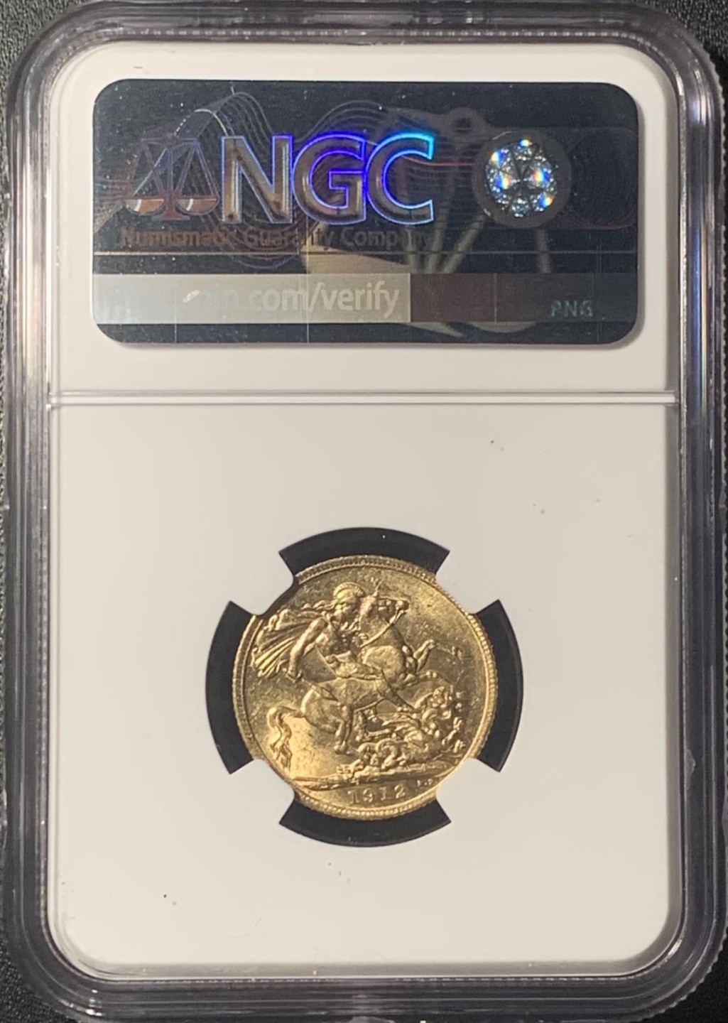 紫瑗钱币——第267期拍卖 英国 1912 乔治五世 1索维林(磅) 金币 NGC AU58