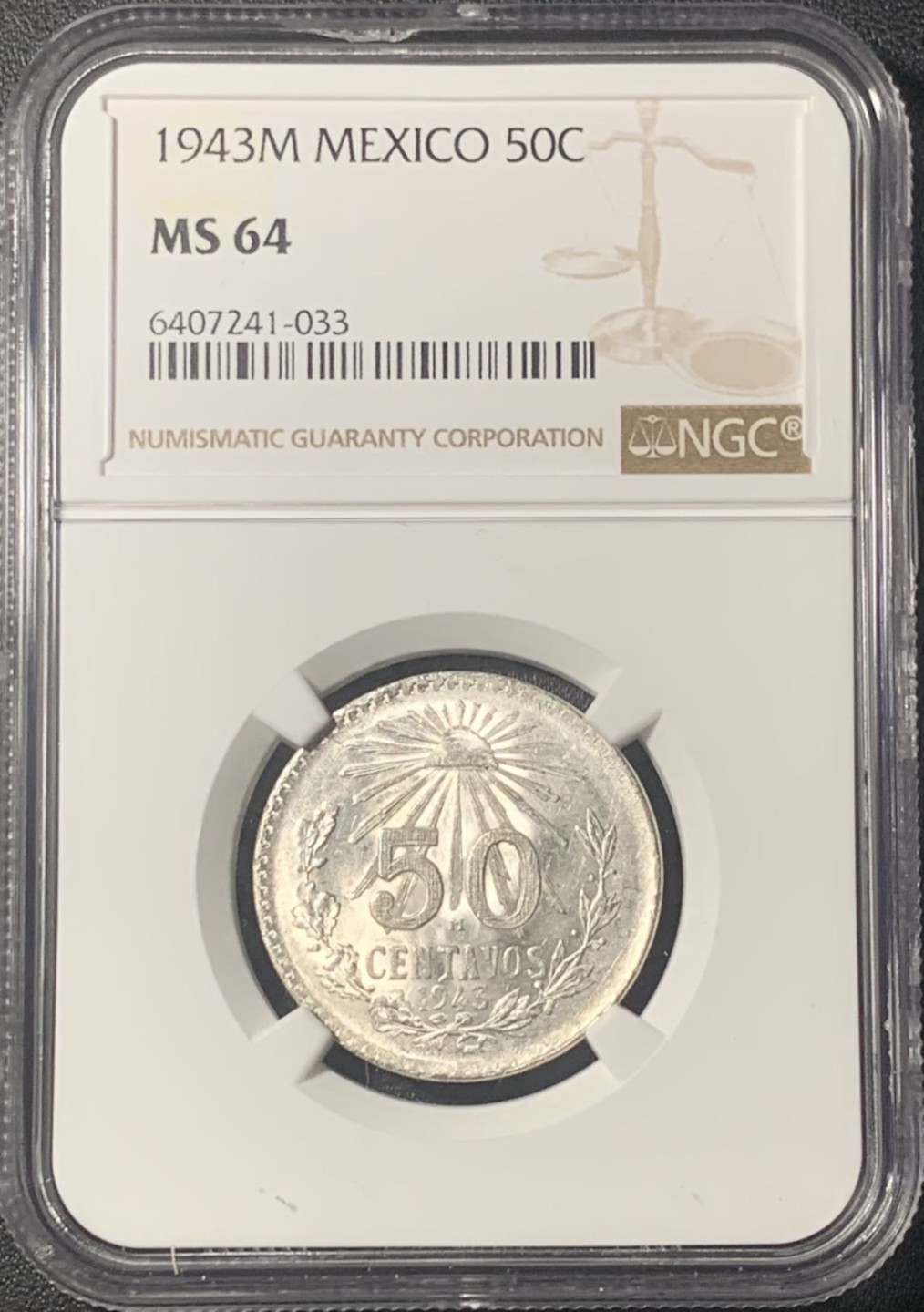 紫瑗钱币——第267期拍卖 墨西哥 1943年 M版 鹰洋 50分 银币 NGC MS64