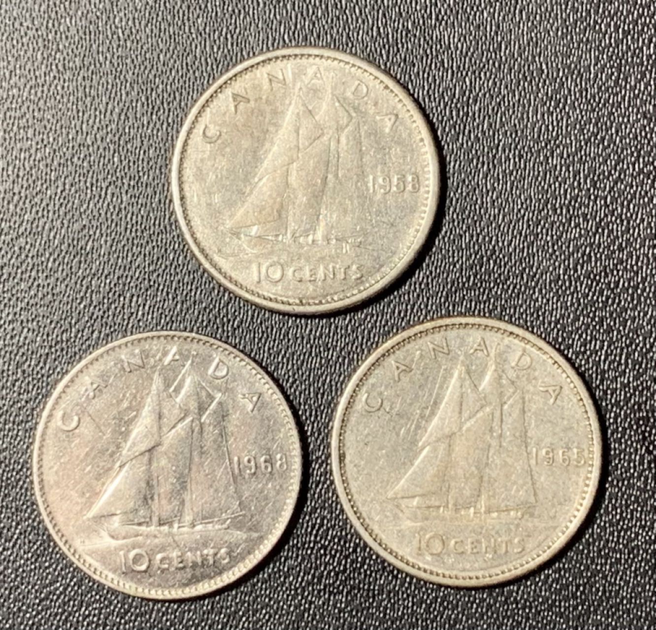 紫瑗钱币——第268期拍卖 加拿大 1950—60年代 伊丽莎白二世 帆船 10分 3枚一起 共6.99克 0.8银