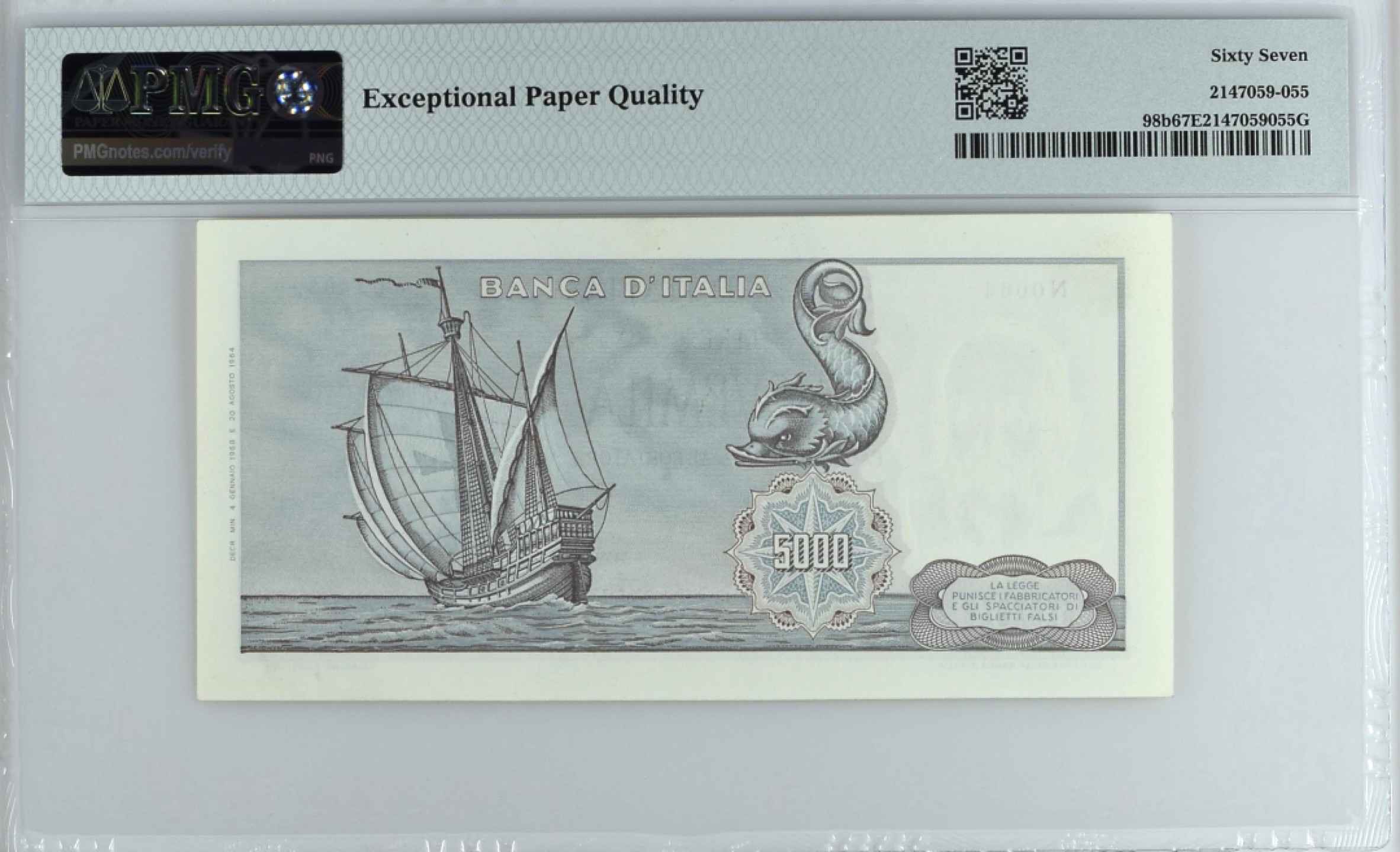 《张总收藏》99期——外币精品100拍 意大利5000里拉 PMG67E 1968年 哥伦布初版