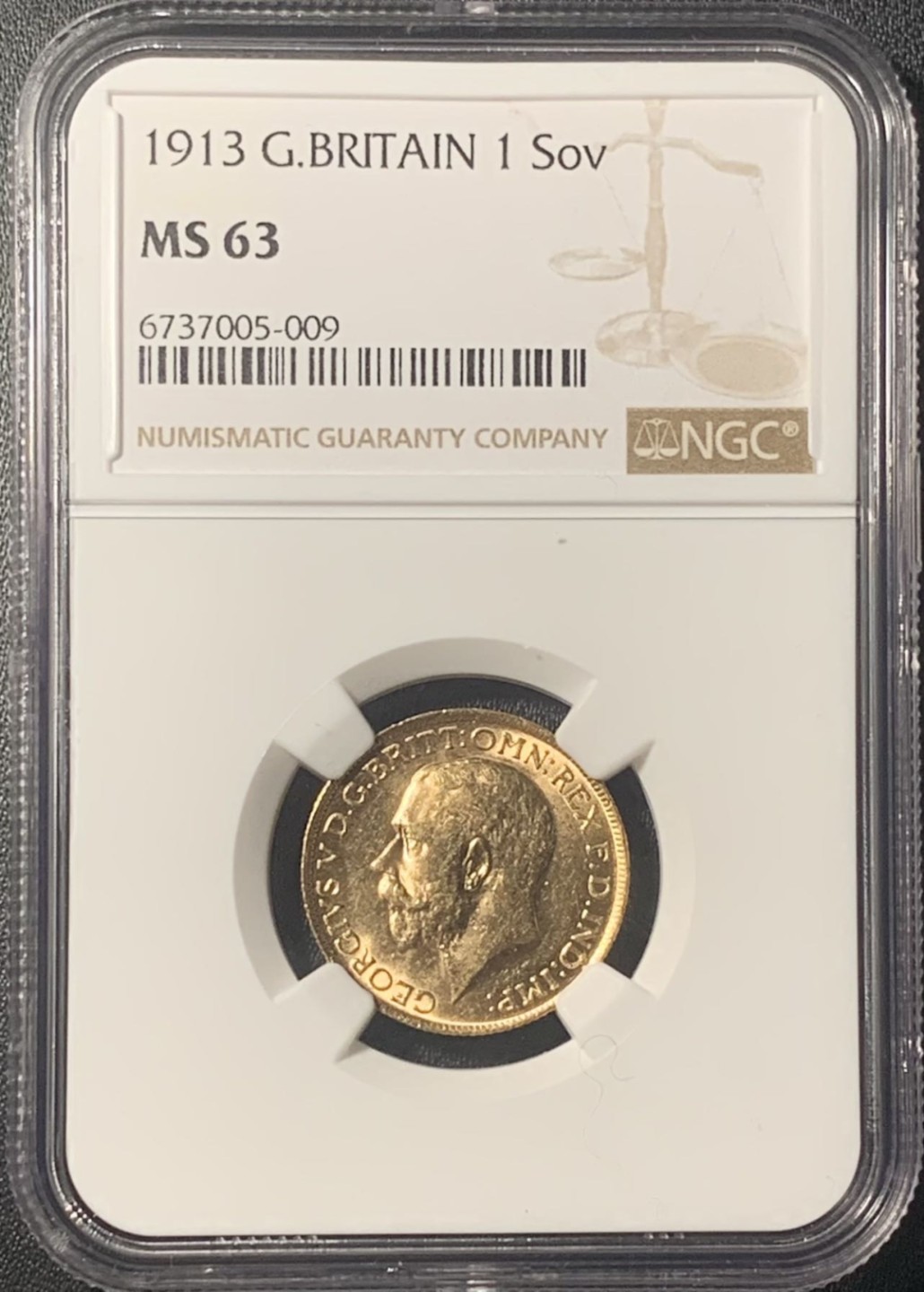 紫瑗钱币——第267期拍卖 英国 1913 乔治五世 1索维林(磅) 金币 NGC MS63