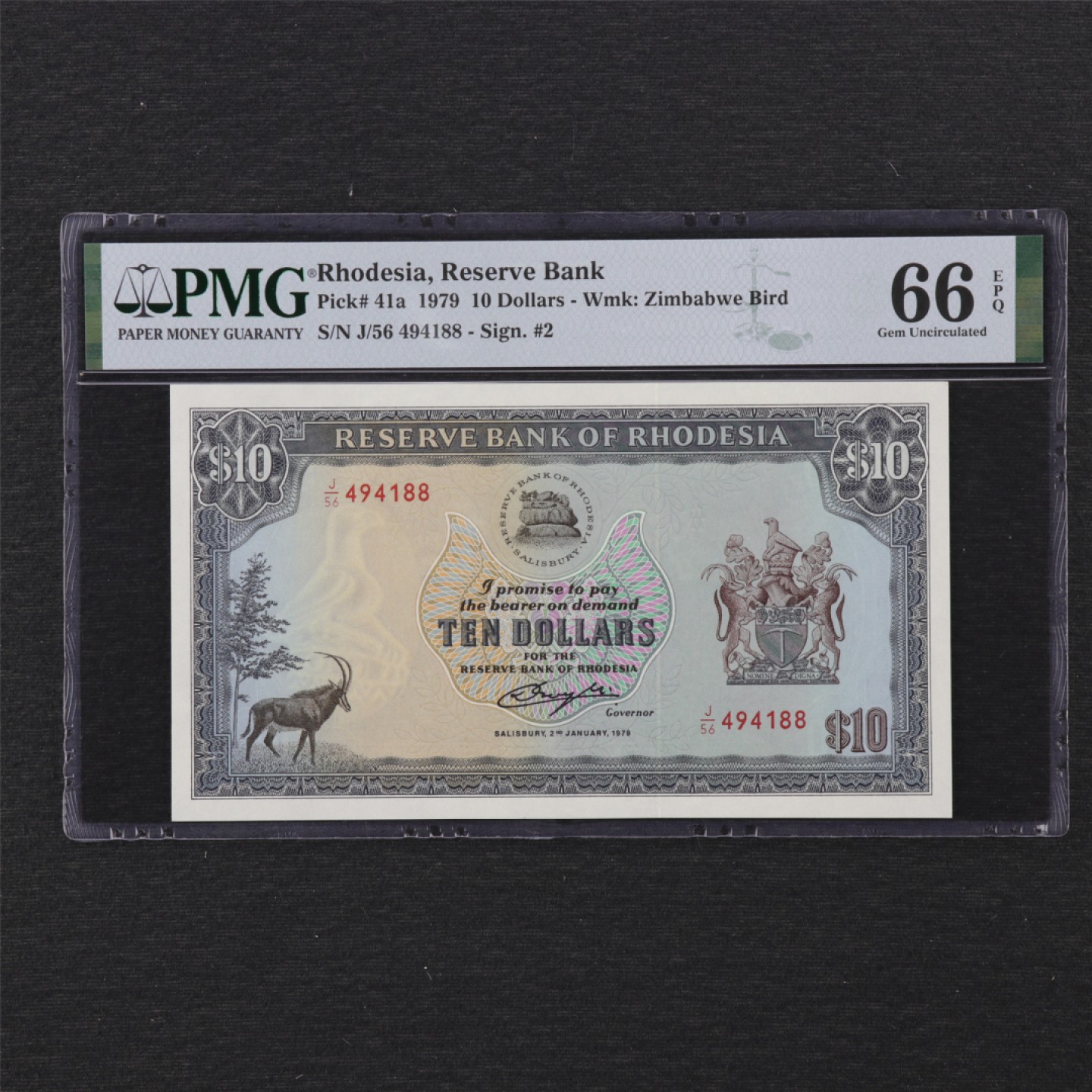 【亘邦集藏】 第159期拍卖 1979年 罗德西亚10元 PMG 66EPQ 494188