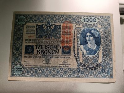 【专场20230504】西风东渐第XVI期——欧洲钞/币专场 - 【拍品001】奥地利1918版1000克朗加盖在奥匈帝国纸币上，流通好品XF