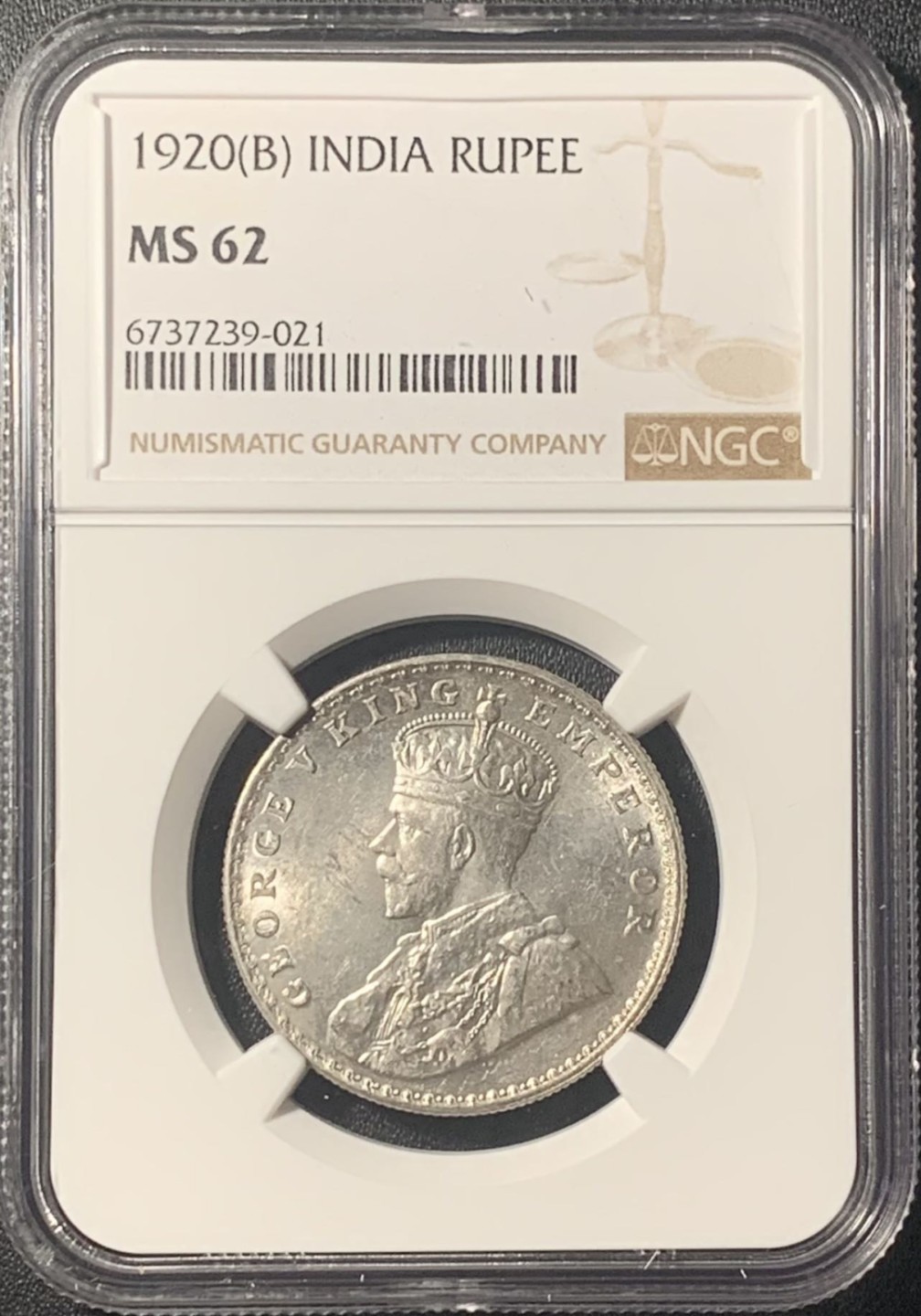 紫瑗钱币——第267期拍卖 英属印度 1920年 B版 乔治五世 1卢比 银币 NGC MS62