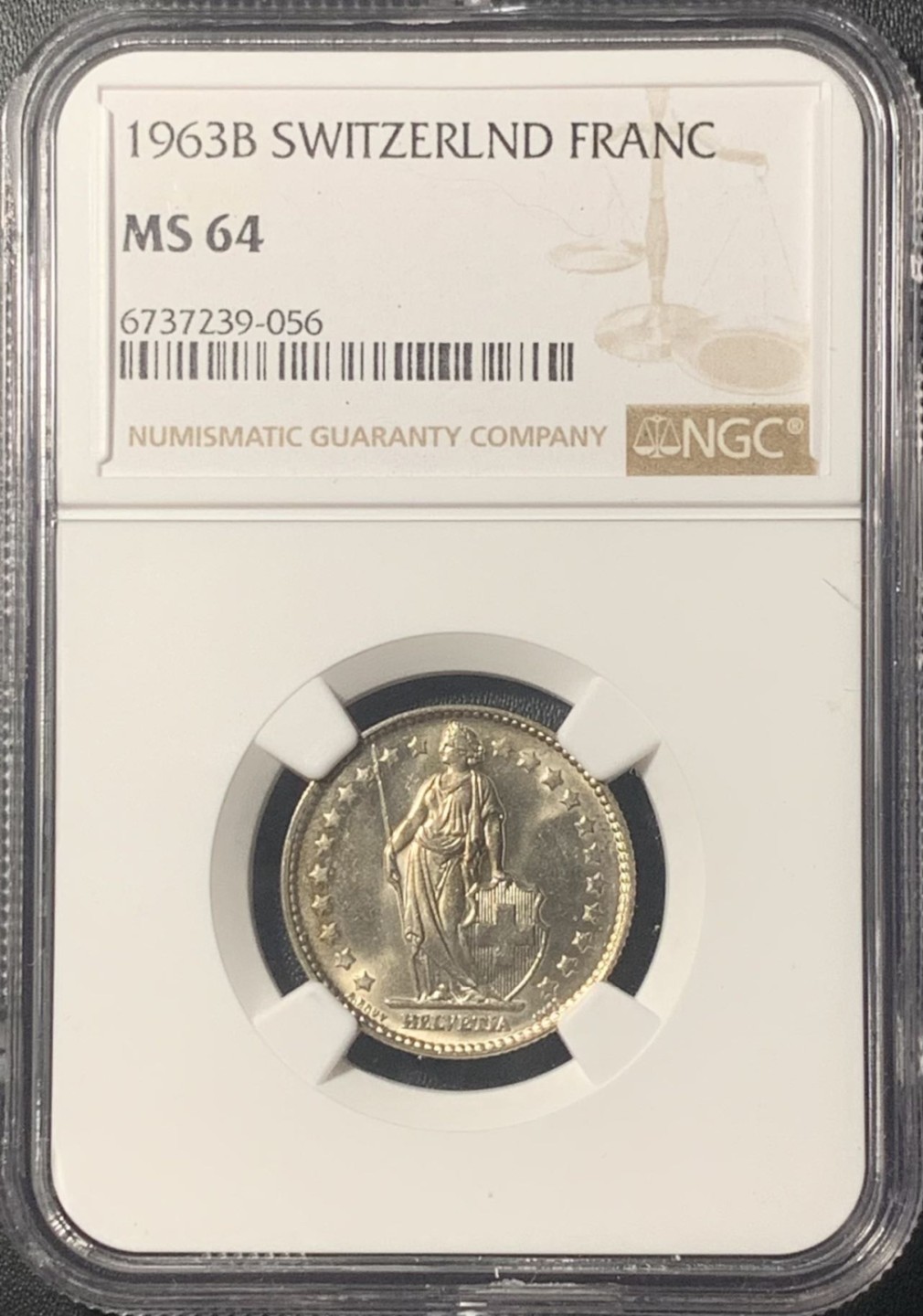 紫瑗钱币——第267期拍卖 瑞士 1963年 赫尔维蒂亚 1法郎 银币 NGC MS64
