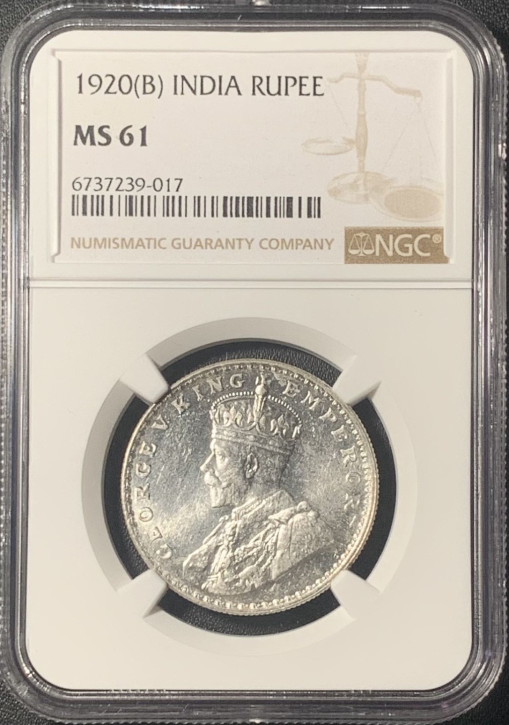 紫瑗钱币——第267期拍卖 英属印度 1920年 B版 乔治五世 1卢比 银币 NGC MS61