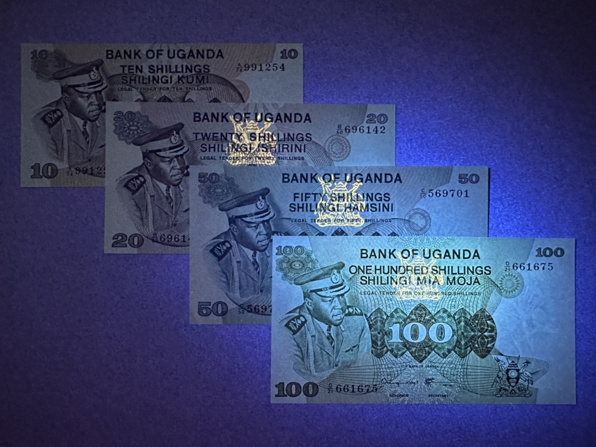 《张总收藏》99期——外币精品100拍 乌干达10、20、50、100先令4张 UNC 1973年