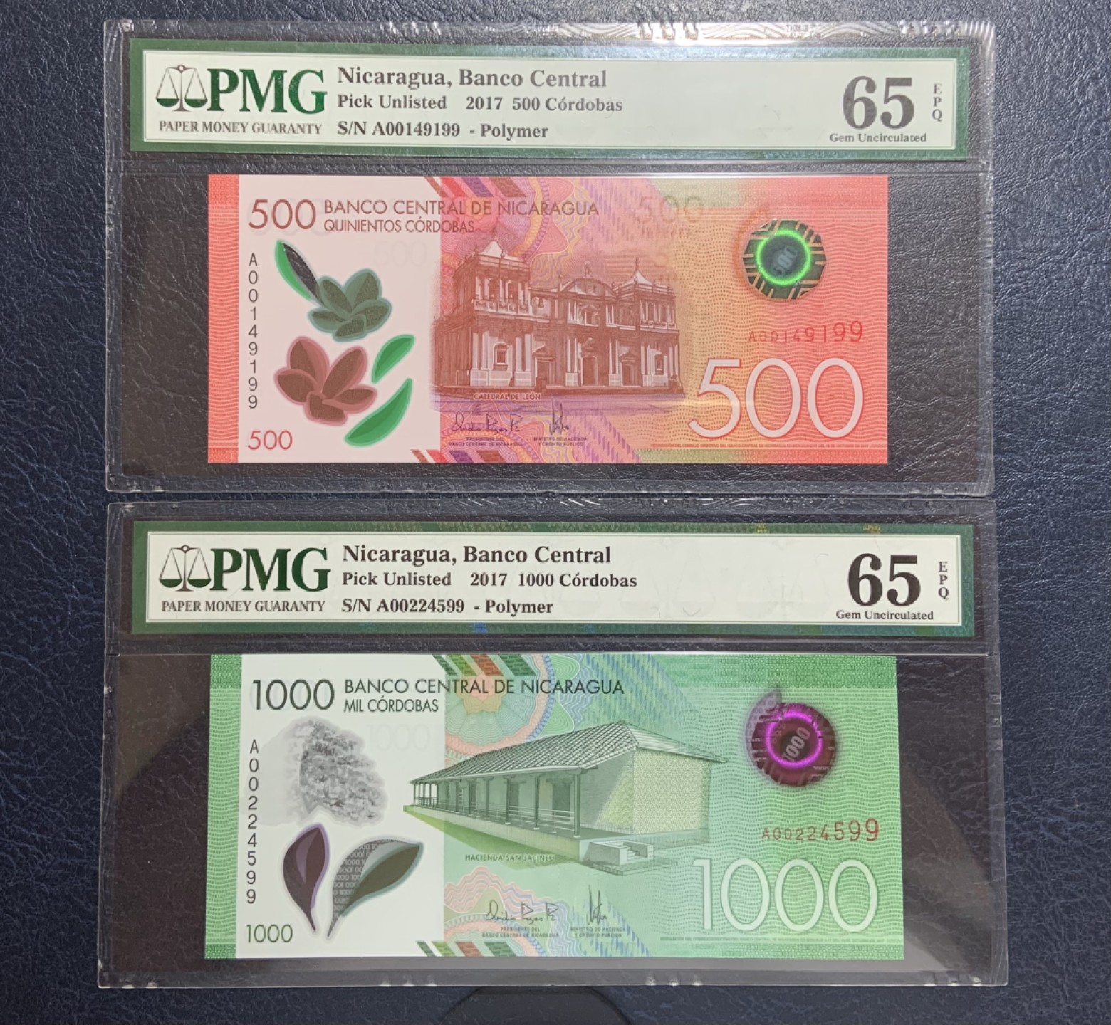 收藏联盟Quantum Auction 第256期拍卖  尼加拉瓜2017年500和1000科罗巴尾二同 PMG65 首发A序 尼加拉瓜国家象征之一 默默汤博火山