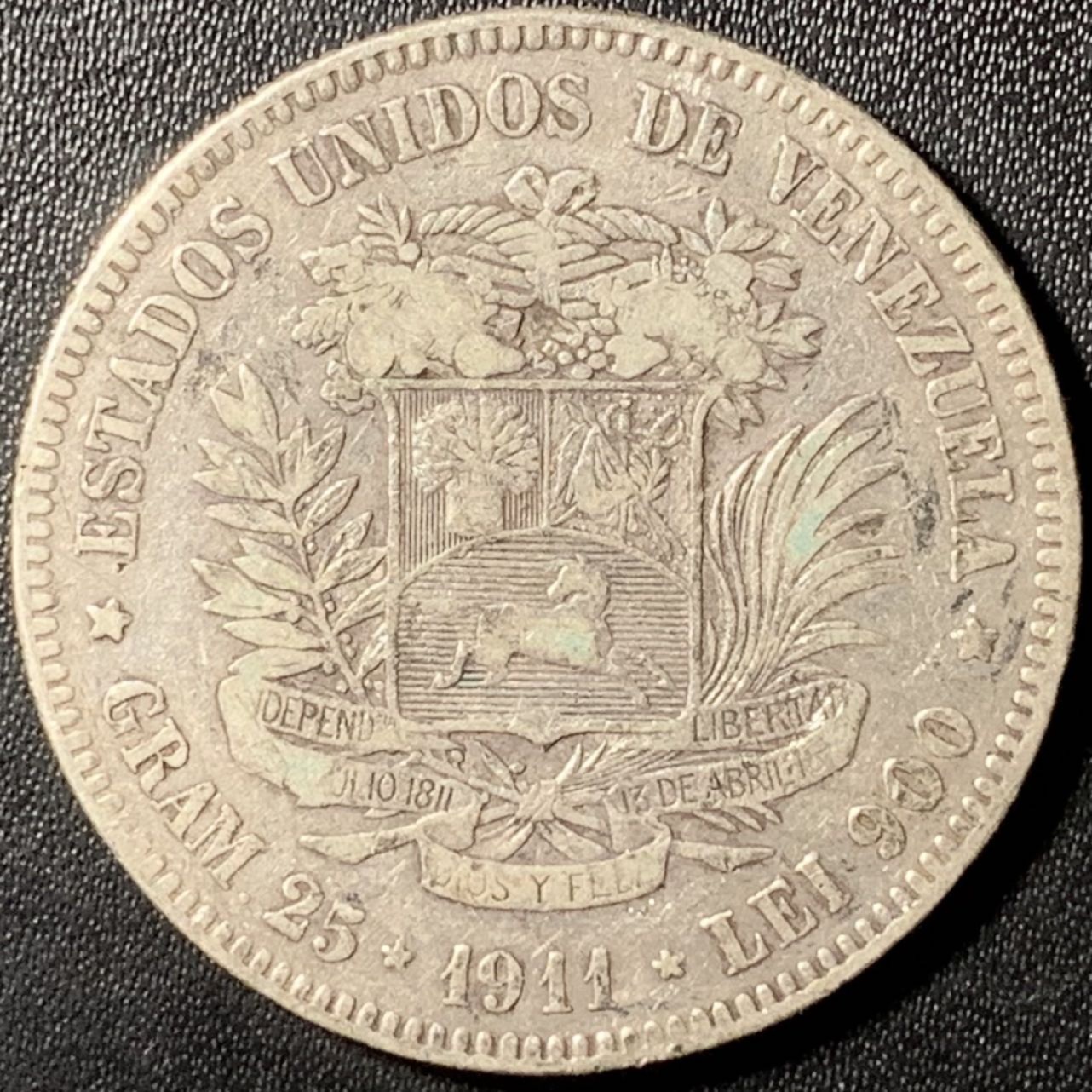 紫瑗钱币——第267期拍卖 委内瑞拉 1911年 5玻璃瓦尔 银币 25克 0.9银