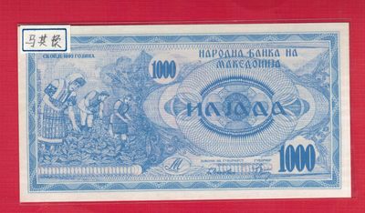 马其顿1000第纳尔 1992年 克劳斯目录P-6a 欧洲纸币 实物如图 UNC - 马其顿1000第纳尔 1992年 克劳斯目录P-6a 欧洲纸币 实物如图 UNC