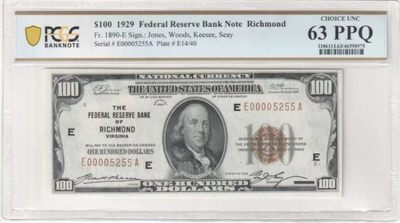 收藏联盟Quantum Auction 第256期拍卖  - 美国1929年国民银行券100元 PCGS63ppq 千位号 号码无4