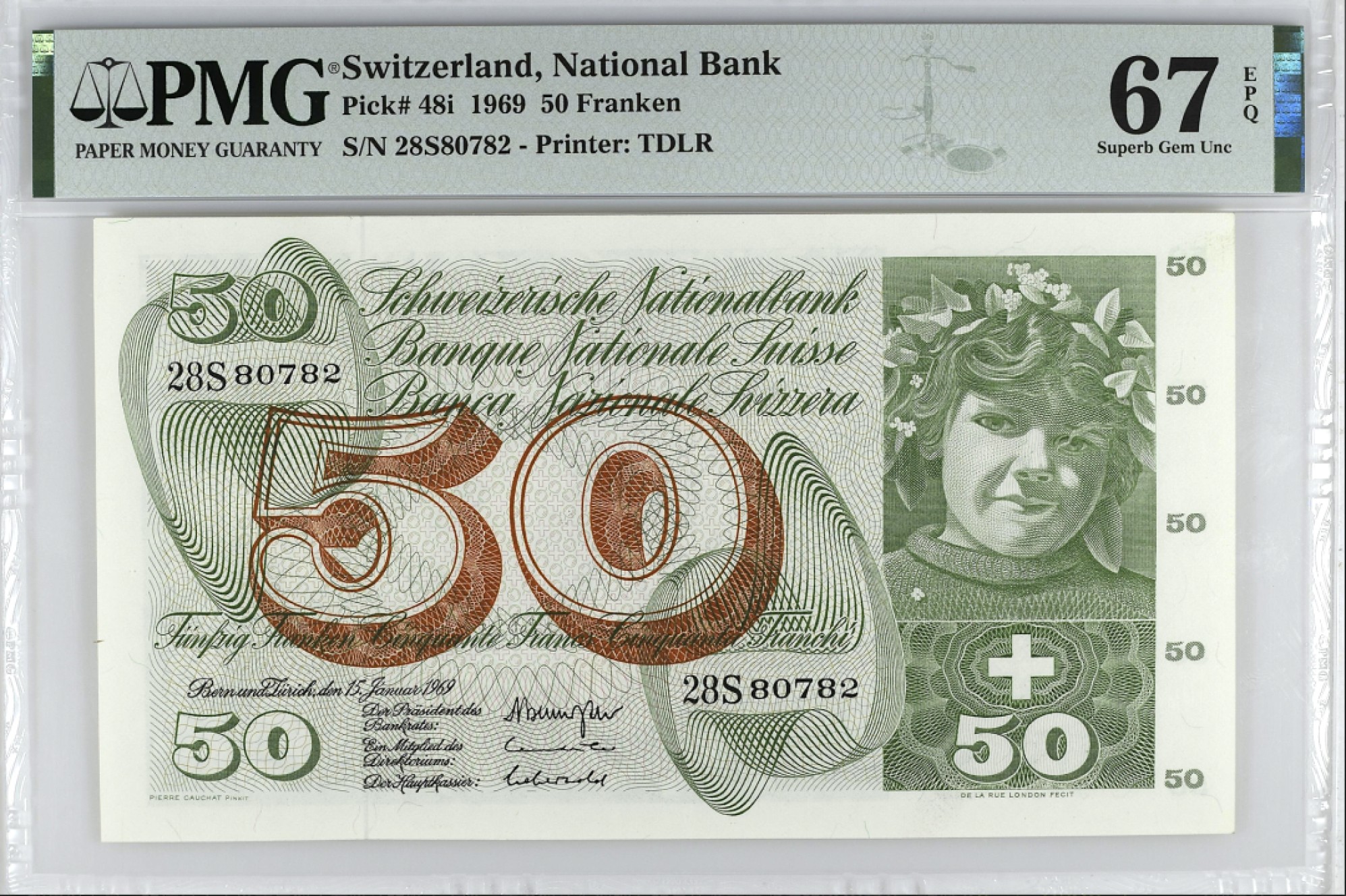 《张总收藏》99期——外币精品100拍 瑞士50法郎 PMG67E 1969年 苹果园 无4 冠军分