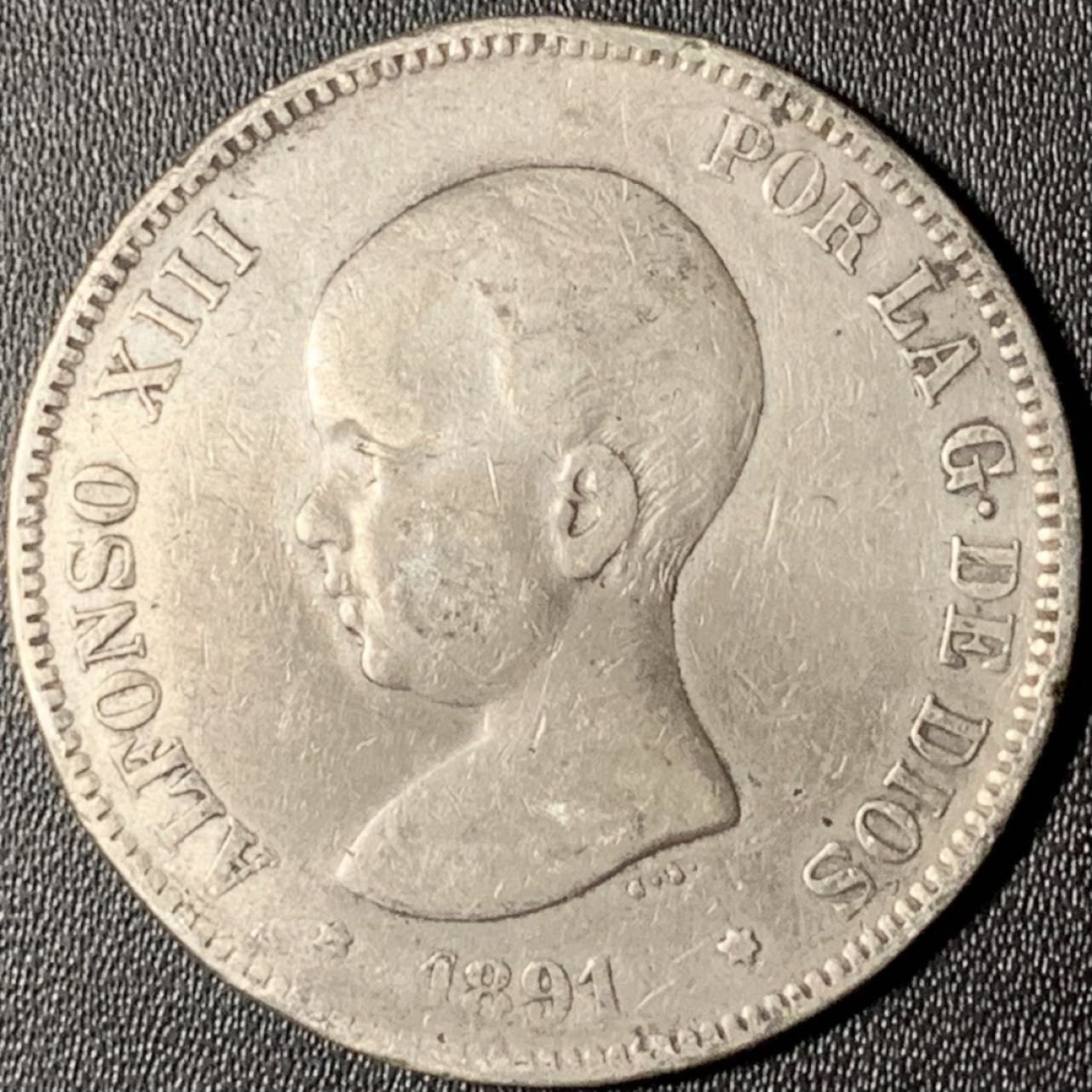 紫瑗钱币——第331期拍卖  西班牙 1891年 阿方索十三世 婴儿头 5比塞塔 25克 0.9银 吉祥年