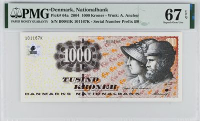 《张总收藏》99期——外币精品100拍 - 丹麦2004年Pick-64a第一签名1000克朗PMG67E亚军分 经典浮雕版