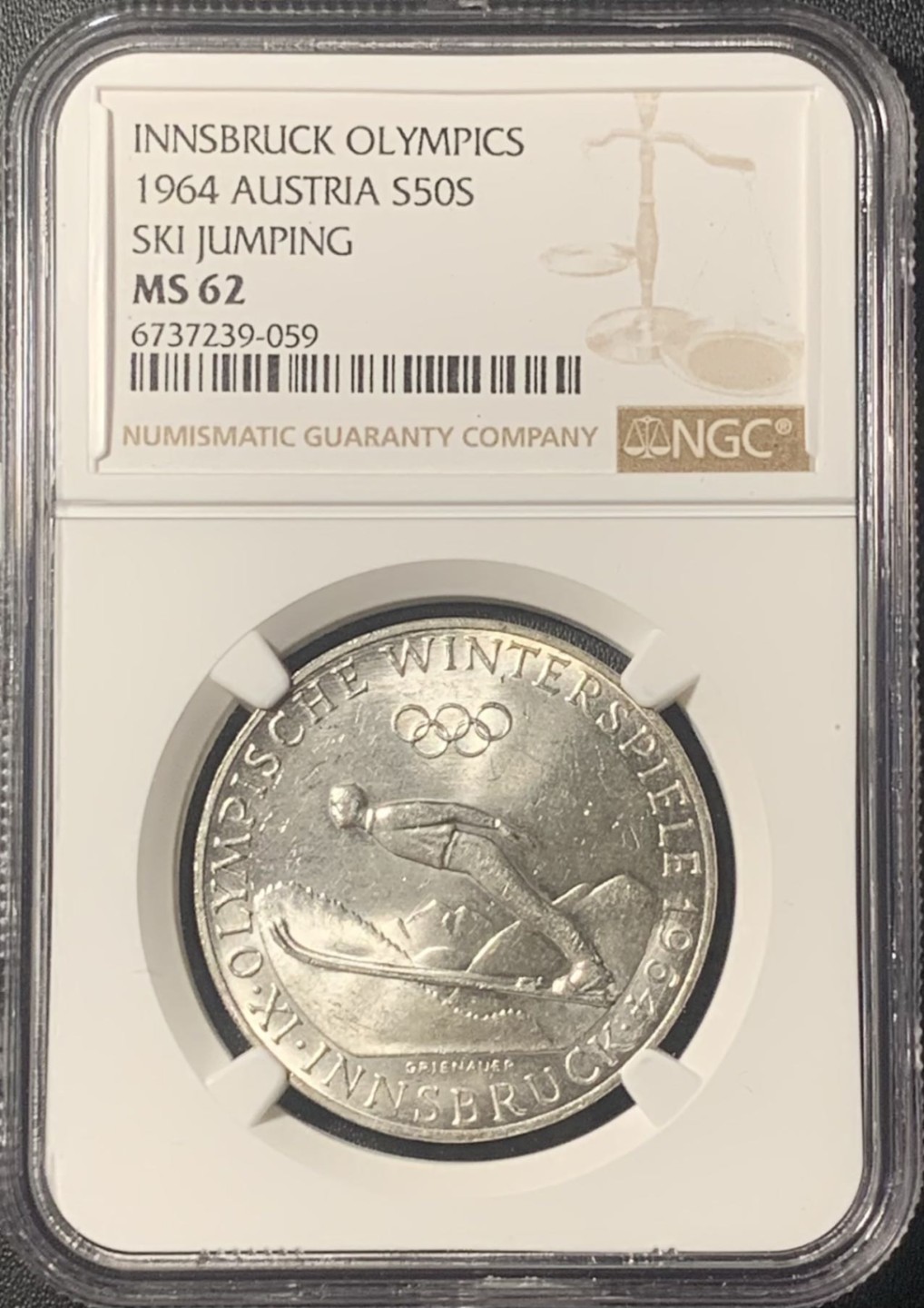 紫瑗钱币——第267期拍卖 奥地利 1964年 因斯布鲁克冬奥会 50先令 银币 NGC MS62