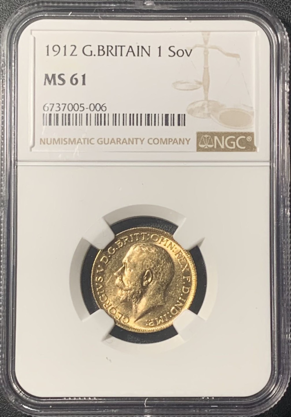 紫瑗钱币——第267期拍卖 英国 1912 乔治五世 1索维林(磅) 金币 NGC MS61