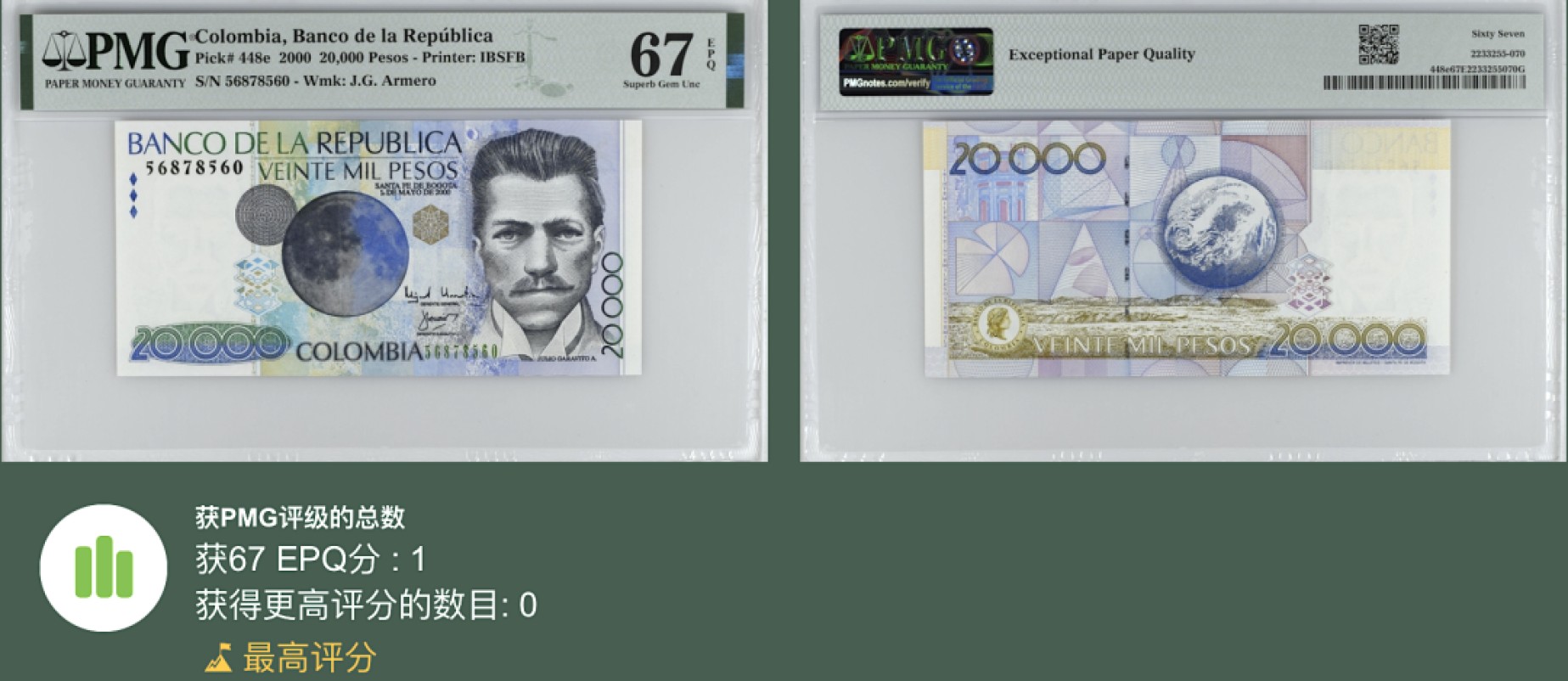 《张总收藏》99期——外币精品100拍 哥伦比亚20000比索 PMG67E 2000年 无4 唯一冠军分