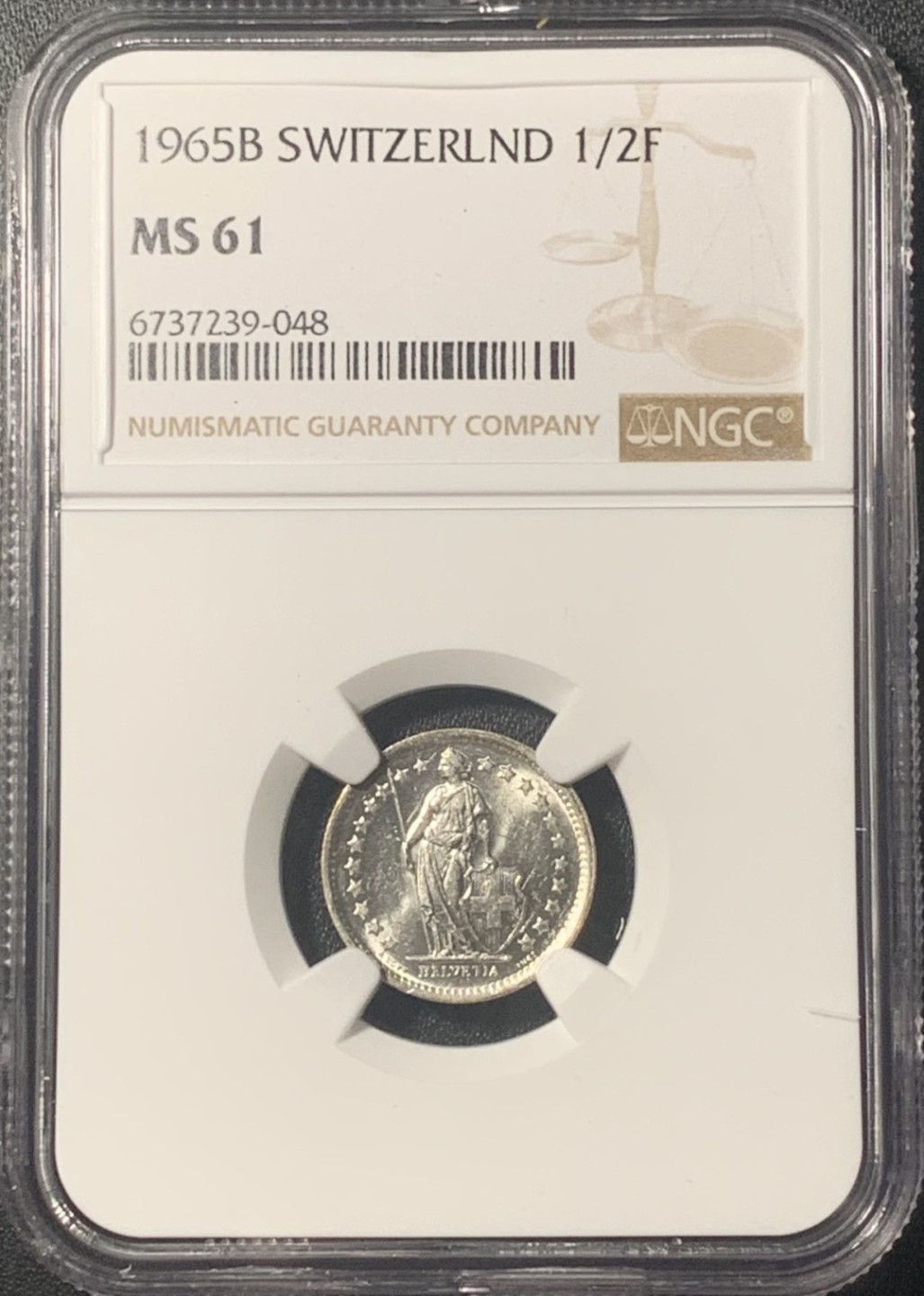 紫瑗钱币——第267期拍卖 瑞士 1965年 赫尔维蒂亚 1/2法郎 银币 NGC MS61
