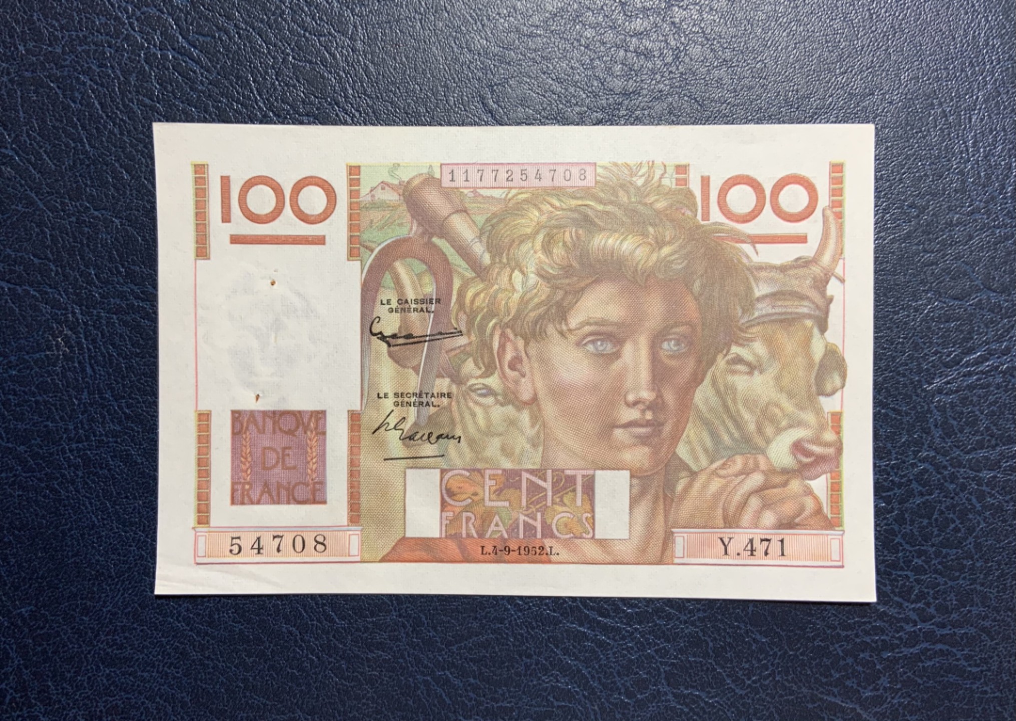 收藏联盟Quantum Auction 第256期拍卖  法国1952年100法郎 品相UNC- 针孔