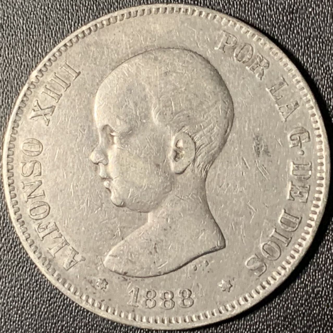 紫瑗钱币——第268期拍卖 西班牙 1888年 阿方索十三世 婴儿头 5比塞塔 25克 0.9银 吉祥年