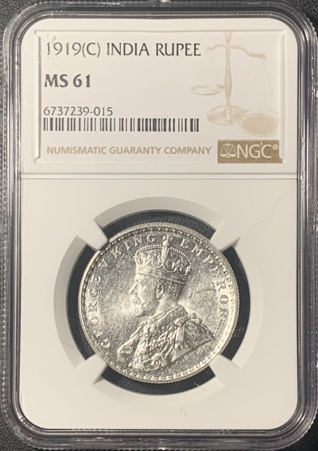 紫瑗钱币——第267期拍卖 英属印度 1919年 C版 乔治五世 1卢比 银币 NGC MS61