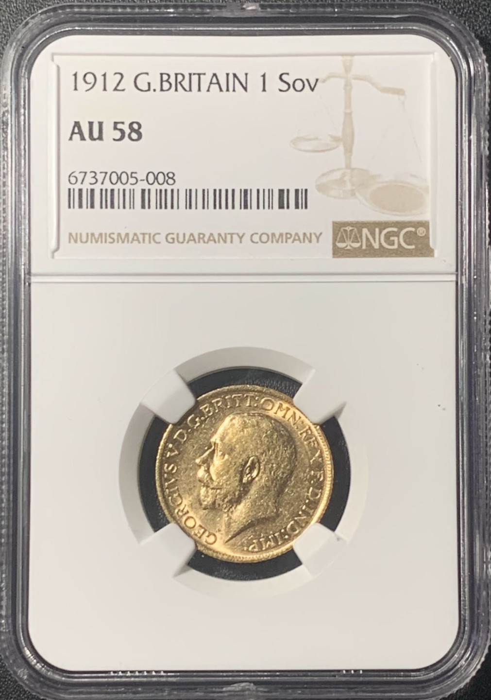 紫瑗钱币——第267期拍卖 英国 1912 乔治五世 1索维林(磅) 金币 NGC AU58
