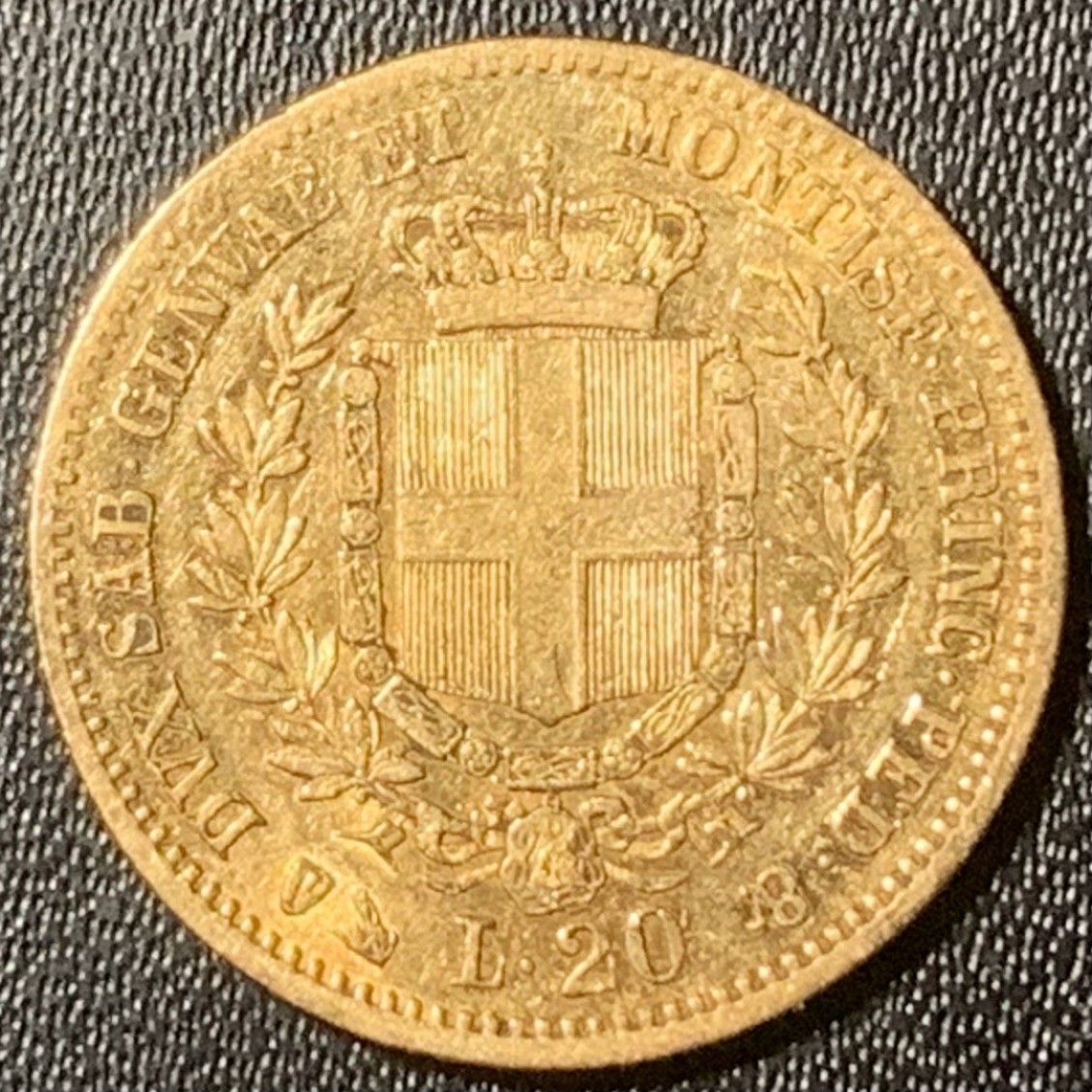 紫瑗钱币——第285期拍卖 意大利 撒丁岛 1859年 埃马努埃莱二世 20里拉 6.45克 0.9金 较少见