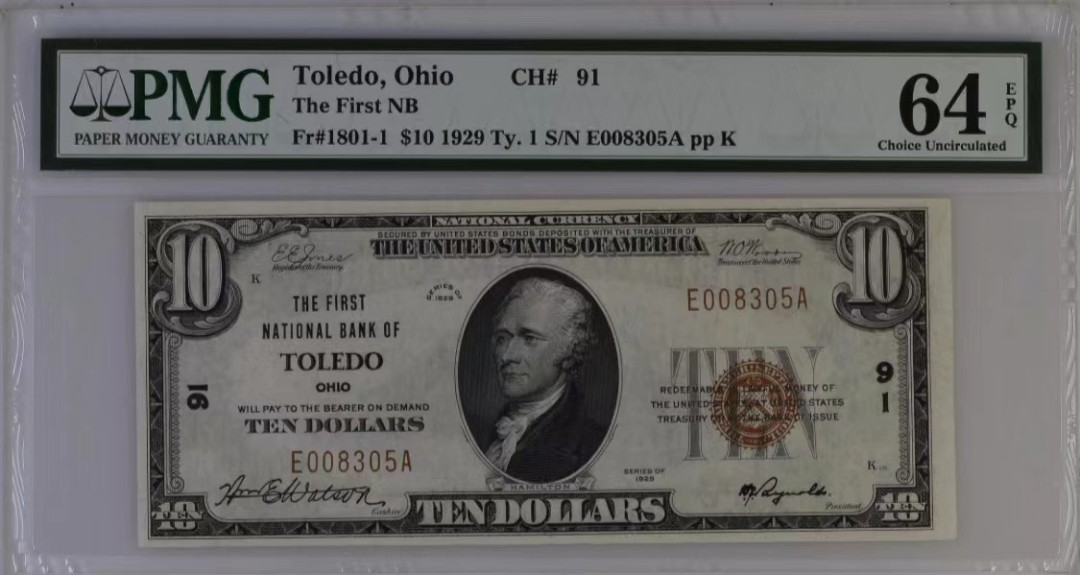 收藏联盟Quantum Auction 第256期拍卖  美国1929年国民银行券10元 PMG64e 千位号 俄亥俄州托莱多第一国民银行发行