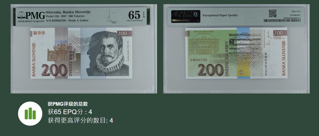《张总收藏》99期——外币精品100拍 斯洛文尼亚1997年200托拉尔PMG65E无4号码不错  更高分仅4张